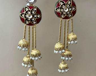 Designer Long Earring,Red Meenakari Earring,Extra Long Earrings, ,Kundan Jhumka Earrings,Statement Earring, Designer Earrings,Uncut Polki