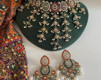 Multicolored Kundan Necklace Set,Uncut Polki Kundan Necklace Set,Pakistani Bridal Jewelry Set,Indian Wedding Jewelry Set,Tika set,Bridesmaid
