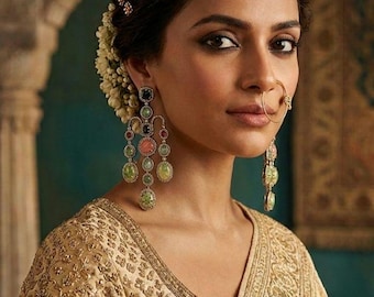 Pendientes de diseño, pendientes vintage, pendientes largos, pendientes premium, pendientes de diamantes talla rosa, pendientes de piedras semipreciosas multicolores, pakistaníes