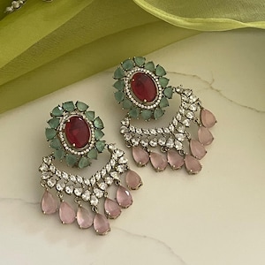 Ruby Mint Green Statement Earring,Victorian Diamond Chandbali Earring,Pink Drop Earring,CZ Bridal Earring,Indian Wedding Jewelry,Designer