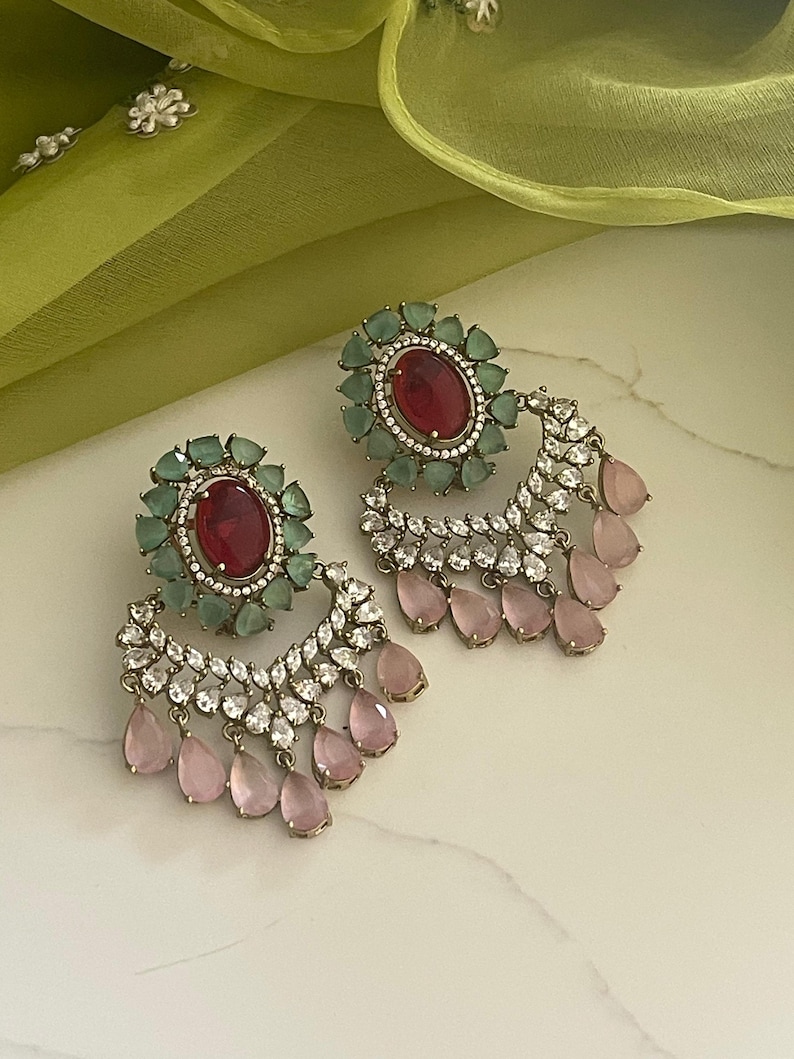 Ruby Mint Green Statement Earring,Victorian Diamond Chandbali Earring,Pink Drop Earring,CZ Bridal Earring,Indian Wedding Jewelry,Designer image 1