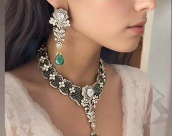 Emerald Green CZ Stone Necklace Set,Victorian Polki Bridal Jewelry,Gold Plated Necklace with Earring,Semi Precious Stone Jewelry,Wedding Set