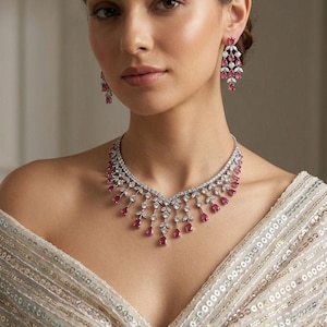 May include: Elegant jewelry set featuring a necklace and earrings. The necklace and earrings are adorned with sparkling white stones and vibrant red teardrop-shaped gems. The jewelry is set against a neutral background.