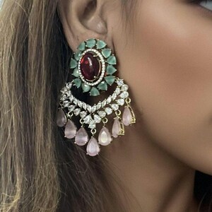 Ruby Mint Green Statement Earring,Victorian Diamond Chandbali Earring,Pink Drop Earring,CZ Bridal Earring,Indian Wedding Jewelry,Designer image 3