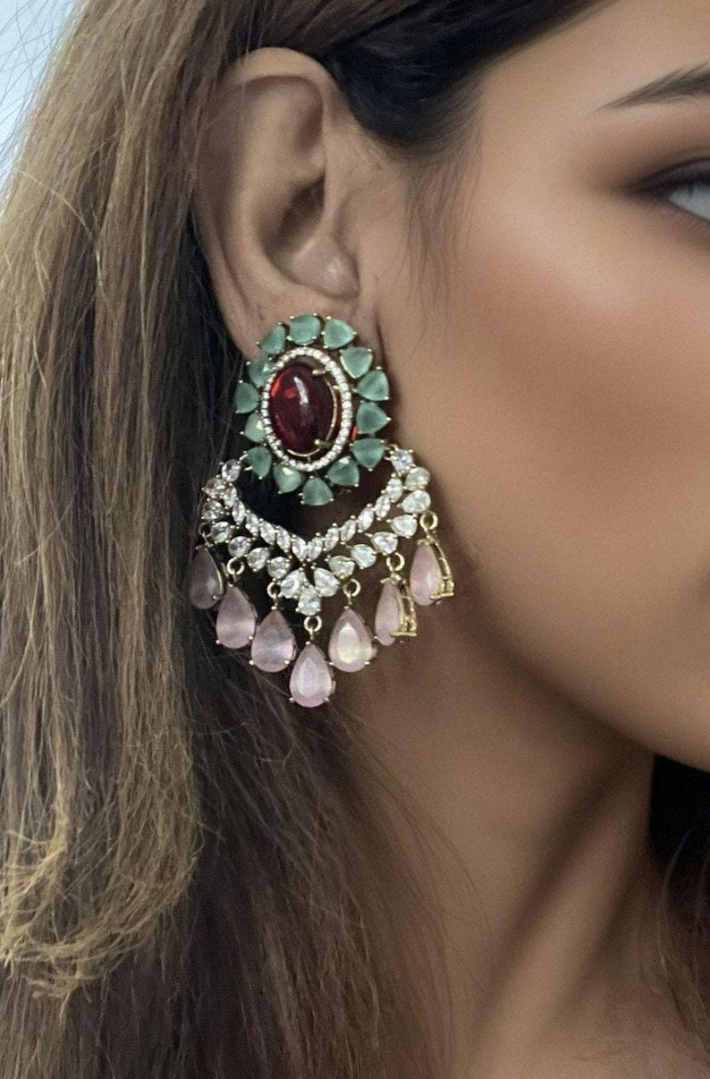 Ruby Mint Green Statement Earring,Victorian Diamond Chandbali Earring,Pink Drop Earring,CZ Bridal Earring,Indian Wedding Jewelry,Designer image 3