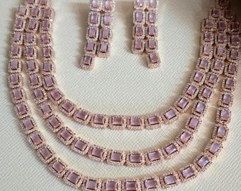 Rosegold Diamond Set,Pink Diamond Necklace Set,Pink Stones Diamond set,Cocktail Jewelry Set, Bridal Set,Indian Wedding,3 Layered Necklace Se
