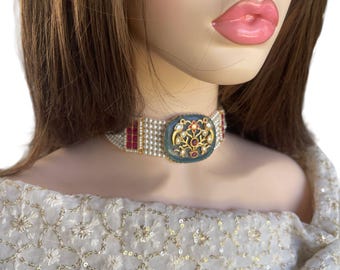 Gargantilla Meenakari, Gargantilla con perlas, Diseño Kundan, Gargantilla con incrustaciones, Gargantilla Meenakari azul, Perlas, Gargantilla Kundan