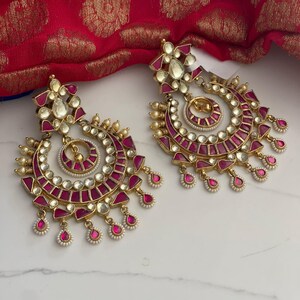 24 Gold-Plated Ruby Earrings/Chandbali/Kundan Jewelry/Indian Wedding Jewelry/Bridal Jewelry/Pakistani Jewelry/Big Chandbali/Ruby Earrings