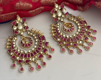 24 Gold-Plated Ruby Earrings/Chandbali/Kundan Jewelry/Indian Wedding Jewelry/Bridal Jewelry/Pakistani Jewelry/Big Chandbali/Ruby Earrings