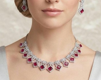 Silver Diamond Set/Silver Diamond Necklace With Ruby Red Stone/ CZ Necklace/Silver Polished Necklace Set/Cocktail Jewelry/Indian Bridal/Red