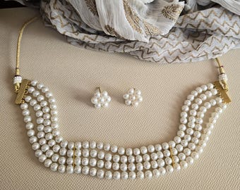 Pearl Necklace Set,Choker Set,Pearl studs,Layered Choker set,Vintage Necklace Set,Cocktail Jewelry,Pearl Layered Set,Indian Necklace Set