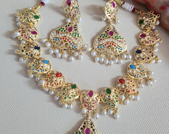 Multicolored Jadau Necklace Set,Gold Plated Jadau Set,Light  weight jewelry Set,Hyderabad jewelry,Indian Traditional Jewelry,Punjabi Jewelry