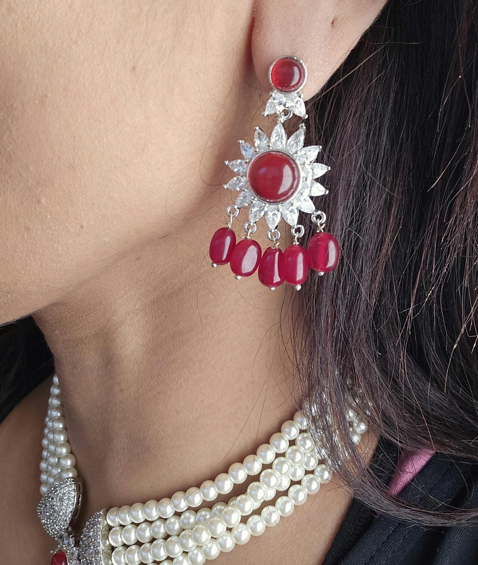 Pearl Strings Diamond Ruby Set With Tika/delicate Tika Necklace Set ...