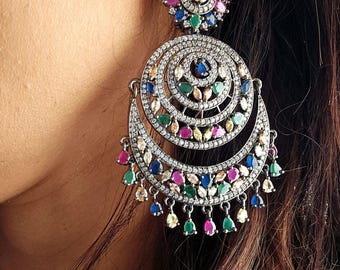 Victorian Chandbali,Chandbali,Rhodium polish,Multicolored Diamond Earring,CZ Chandbali,Indian Cocktail Jewelry,Pakistani jewelry,Chandelier