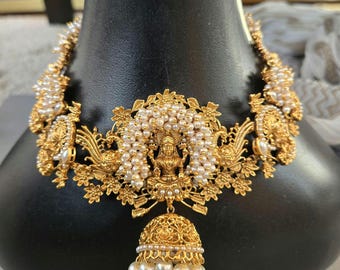 Temple Jewelry Necklace Set/Antique Gold Jewelry Set/South Indian Wedding Set/Indian Traditional Jewelry/Jhumkis/Goddess Necklace Set/Beads