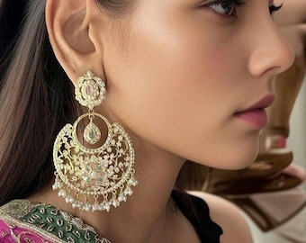 Premium Jadau Earrings,Chandbali Earring,Hyderabad Jewelry,Gold Plated,Pakistani Wedding jewelry,Punjabi jewelry,Indian Bridal Earring