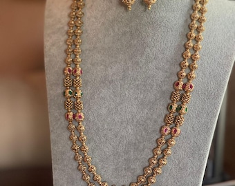 Antique Gold Plated Beaded Long Necklace,Ruby and Green  Dual Layer Mala,Traditional South Indian Jewelry, Ethnic Bridal Necklace,Matar Mala