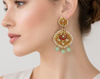 Antique Gold Finish Moissanite Kundan Earring With Ruby,Pearls and Mint Green Bead,Filgree Style Earrings,Designer Kundan Earring,Statement