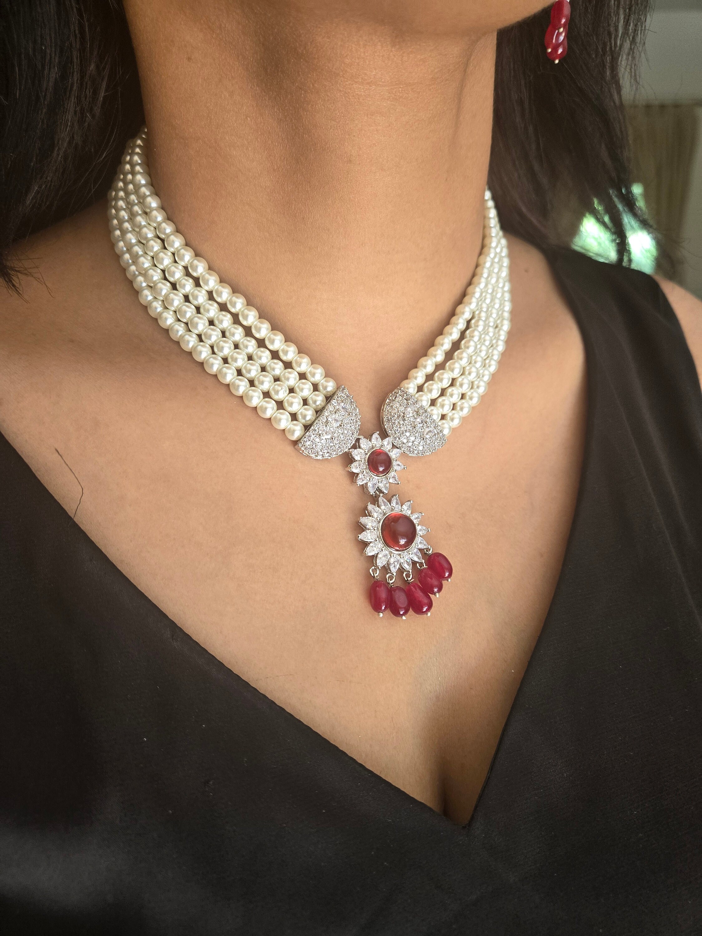 Pearl Strings Diamond Ruby Set With Tika/delicate Tika Necklace Set ...