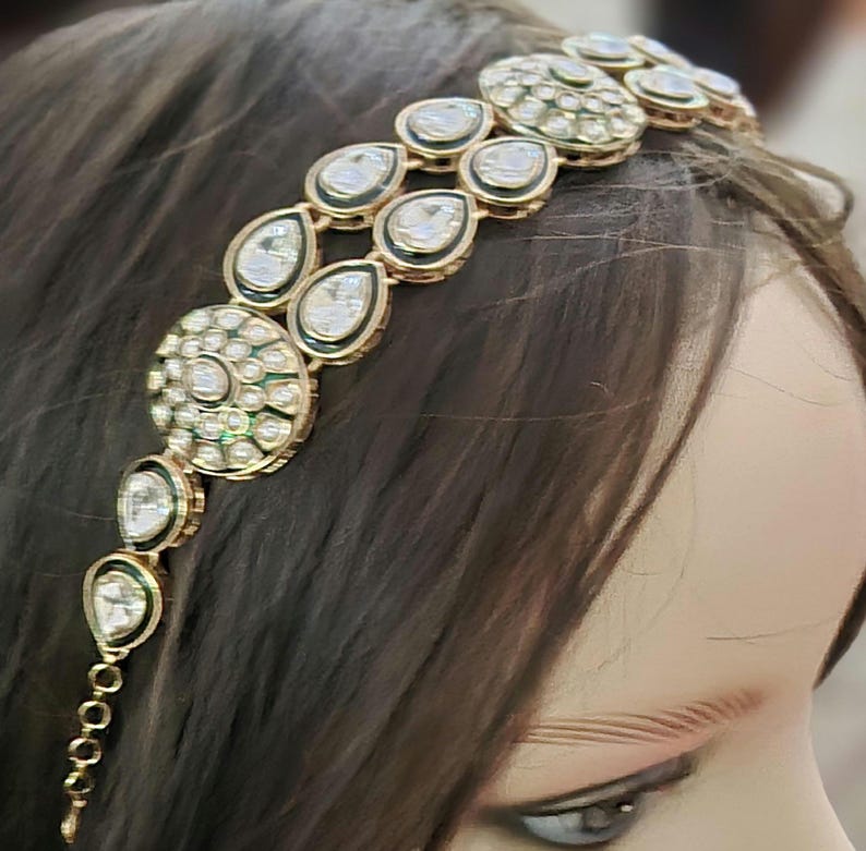 Antique Gold Finish Kundan Emerald Green Head Band Jewelry/sheesh Phool