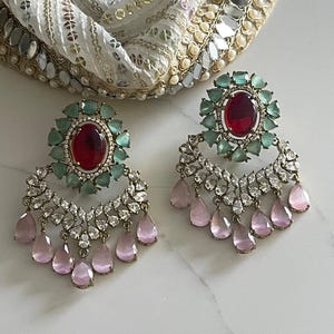 Ruby Mint Green Statement Earring,Victorian Diamond Chandbali Earring,Pink Drop Earring,CZ Bridal Earring,Indian Wedding Jewelry,Designer image 6