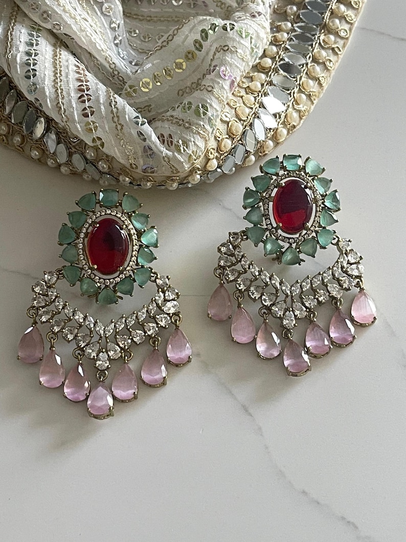 Ruby Mint Green Statement Earring,Victorian Diamond Chandbali Earring,Pink Drop Earring,CZ Bridal Earring,Indian Wedding Jewelry,Designer image 6