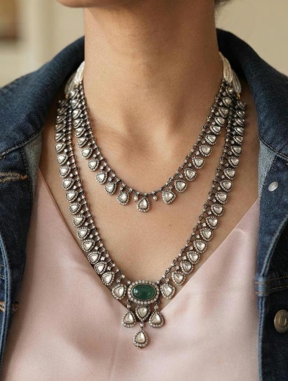 kundan Necklace Set,Victorian Necklace Set,Layered Necklace Set,Emerald Green Stones Necklace Set,Moissanite Jewelry,Pakistani Necklace Set