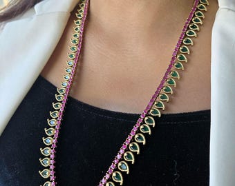 Ruby Green Necklace Set,Carry Designed Necklace Set,Indian Traditional jewelry Set,South Indian wedding Jewelry,Long Necklace Set,Gold Set
