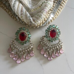 Ruby Mint Green Statement Earring,Victorian Diamond Chandbali Earring,Pink Drop Earring,CZ Bridal Earring,Indian Wedding Jewelry,Designer image 7