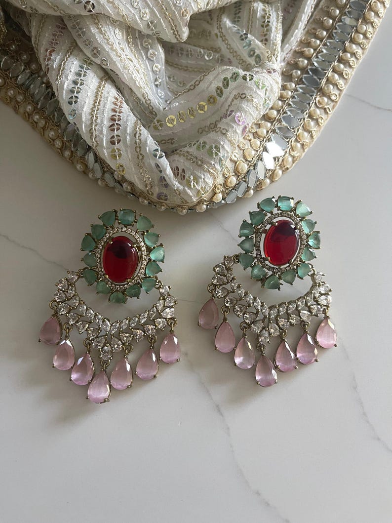 Ruby Mint Green Statement Earring,Victorian Diamond Chandbali Earring,Pink Drop Earring,CZ Bridal Earring,Indian Wedding Jewelry,Designer image 7
