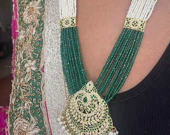 Green Pearl Strings Long Traditional Jadau Set with Earrings/Pakistani Jewelry= Indian Wedding Jewelry/ Long Necklace Set/ Bridal Set