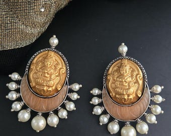Temple Pearl Earring,Gold Brown Plated Earrings,Goddess Earring,Statement Earrings,Designer Earrings,South Indian,Indian Traditional Earring