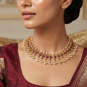Gold Plated South Indian Ruby Necklace Set with pearl drops