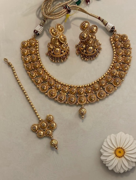 Antique Gold Plated Necklace Set/jhumkis/tika/south Indian Jewelry