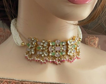 Paachi Kundan Necklace Set/ Meenakari Choker Set/Pink And Mint Green Hand Painted Choker Set/Ahmedabad jewelry/ Pakistani Bridal Jewelry