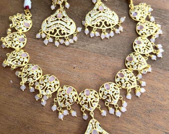 Jadau Necklace Set,Gold Plated Jadau Set,Pink Stones jewelry Set,Hyderabad jewelry,Indian Traditional Jewelry,Punjabi Wedding Jewelry