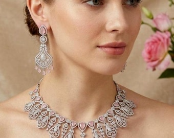Silver Diamond Necklace Set/Pink Moonstones Statement Necklace Set/American Diamond Set/Indian Cocktail Jewelry Set/Pink Silver Diamond Set/