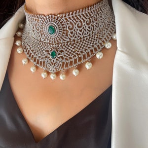 Statement Silver Diamond Choker With Emerald Green Stones/Indian Wedding Jewelry/ Bridal Set
