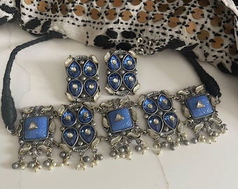 Kundan Indian Fashion Oxidized Choker Set/Black Polish Jewelry/German silver/Red Stone/Carved Stone/Ghungroos/Black Dori/Navratri Jewelry