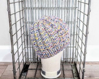 Hand Knit Chunky Beanie Hat Multicolor Ready to Ship Unisex Adult Winter Hat