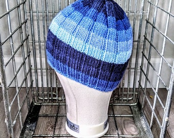 Hand Knit Beanie Hat Blue Stripes Ready to Ship OOAK