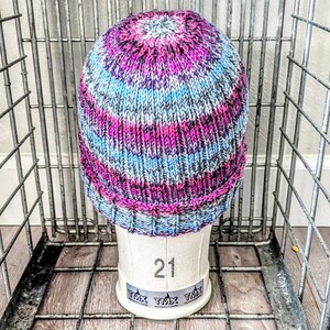 Hand Knit Hat Multicolor Blues Pinks Purples Foldover Brim OOAK Ready to Ship image 3