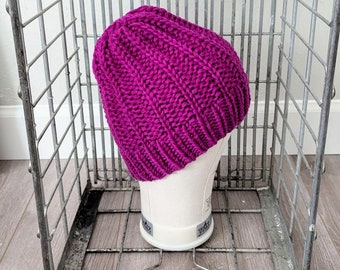 Hand Knit Chunky Beanie Wool Hat Purple Unisex Adult Winter Hat