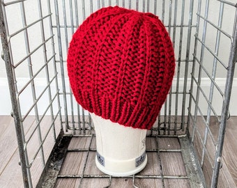 Hand Knit Chunky Beanie Hat Red Unisex Adult Winter Hat Wool Free