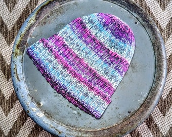 Hand Knit Hat Multicolor Blues Pinks Purples Foldover Brim OOAK Ready to Ship