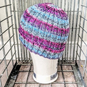 Hand Knit Hat Multicolor Blues Pinks Purples Foldover Brim OOAK Ready to Ship image 4