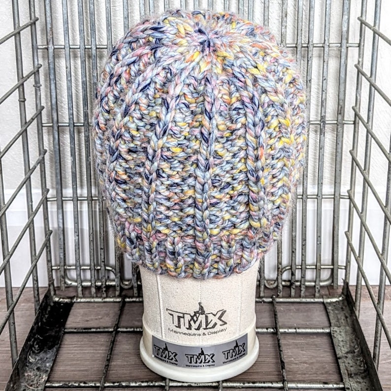 Hand Knit Chunky Beanie Hat Multicolor Ready to Ship Unisex Adult Winter Hat image 3