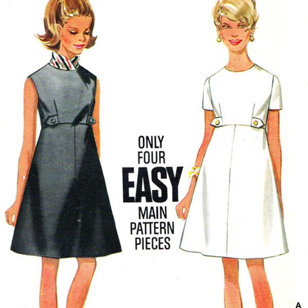 1960s Dress Pattern Butterick 4997 Mod Empire Waist A Line Dress Womens Vintage Sewing Pattern Bust 34