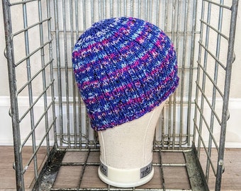 Handknit Blue, Pink & White Striped Scrap Yarn Wool Beanie Adult Unisex Hat