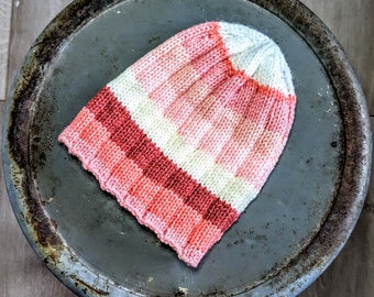 Hand Knit Beanie Hat Skull Cap Peach Stripes Unisex Acrylic Wool Free Winter Hat Ready to Ship